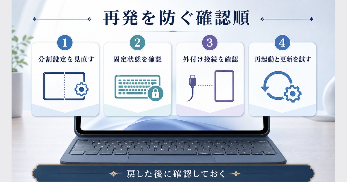 分割設定の確認、固定状態、外付け接続、再起動や更新の順で見直す流れを整理した図解