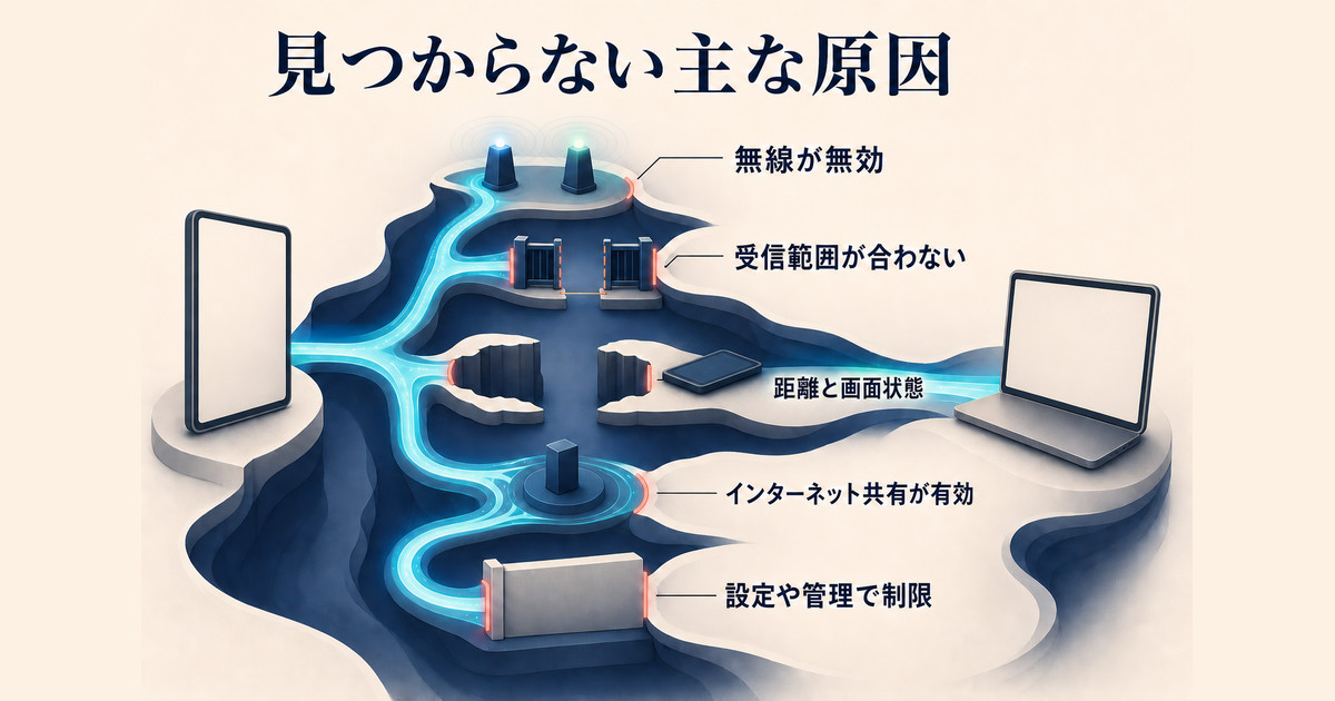 AirDropで相手が見つからない主な原因を分岐で確認する図