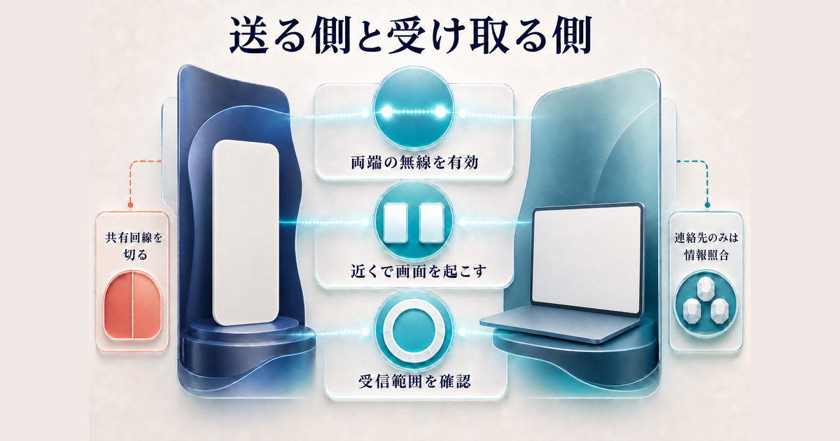 iPhoneとMacの送信側・受信側でそろえるAirDrop設定の確認図