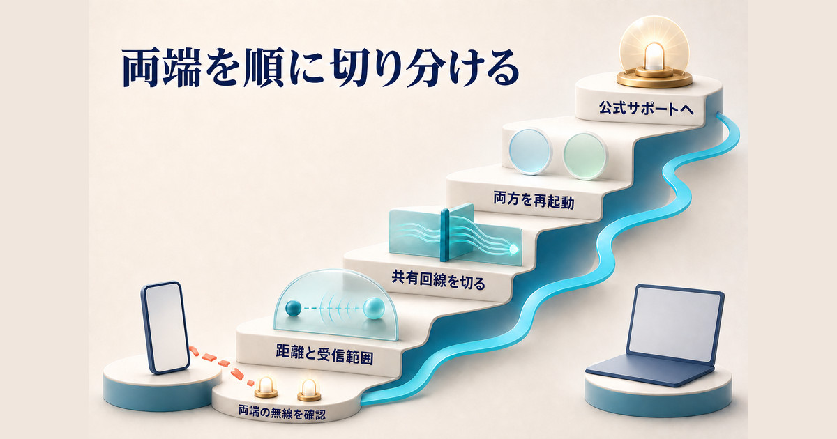 AirDropの不具合を両端末で順番に切り分け再起動まで進む図