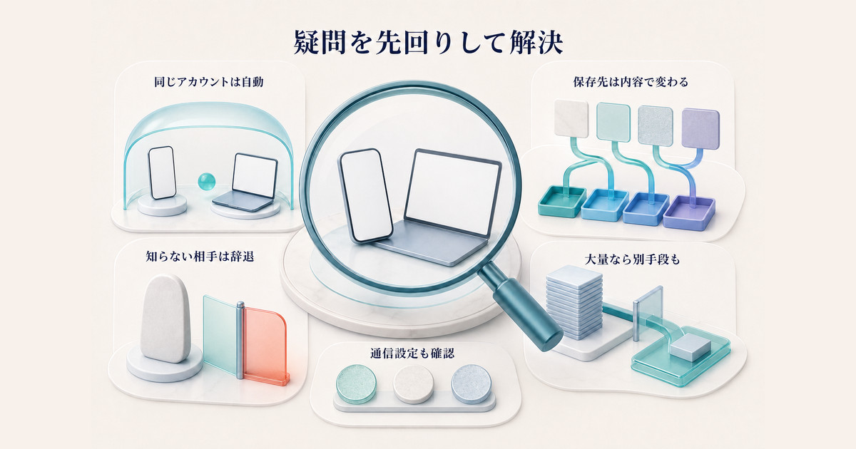 AirDropの保存先・自動受信・安全確認・通信設定に関するFAQ図