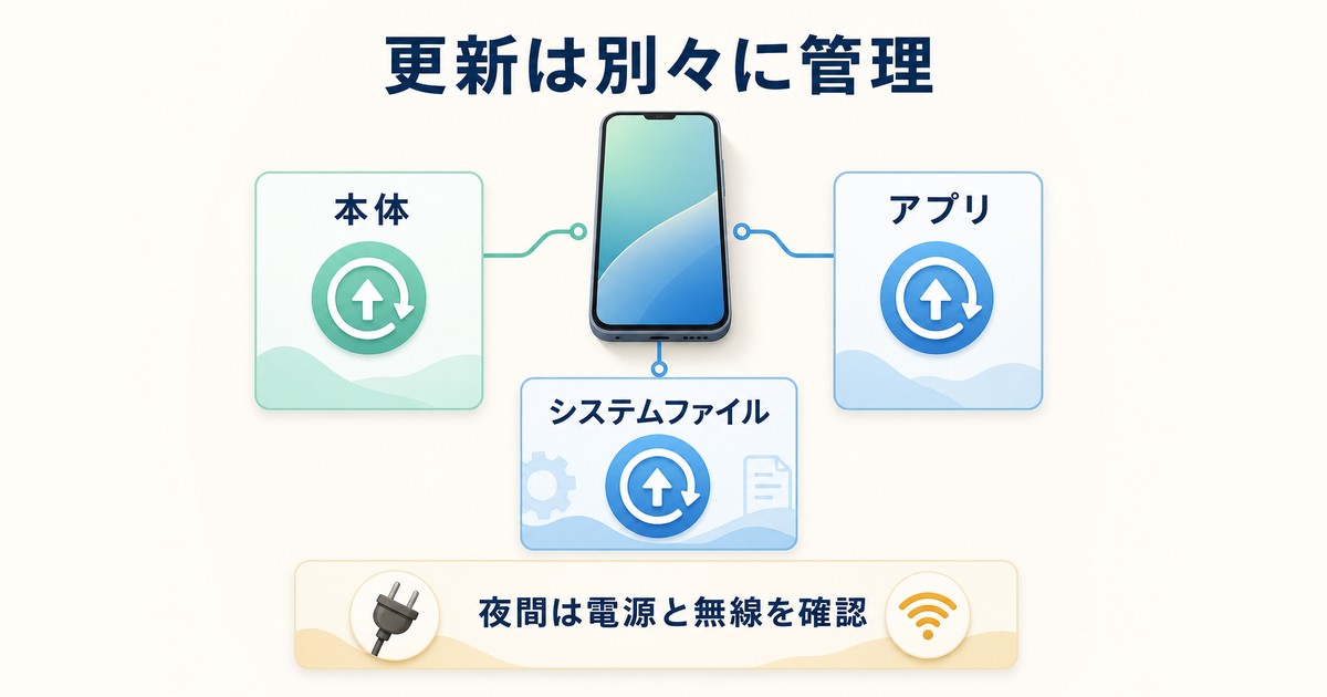 本体更新システムファイルアプリ更新を別々に管理する仕組みの図解