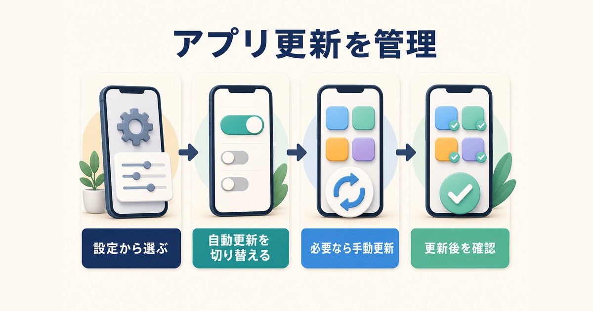 アプリの自動更新を切り替え必要に応じて手動更新する流れの図解