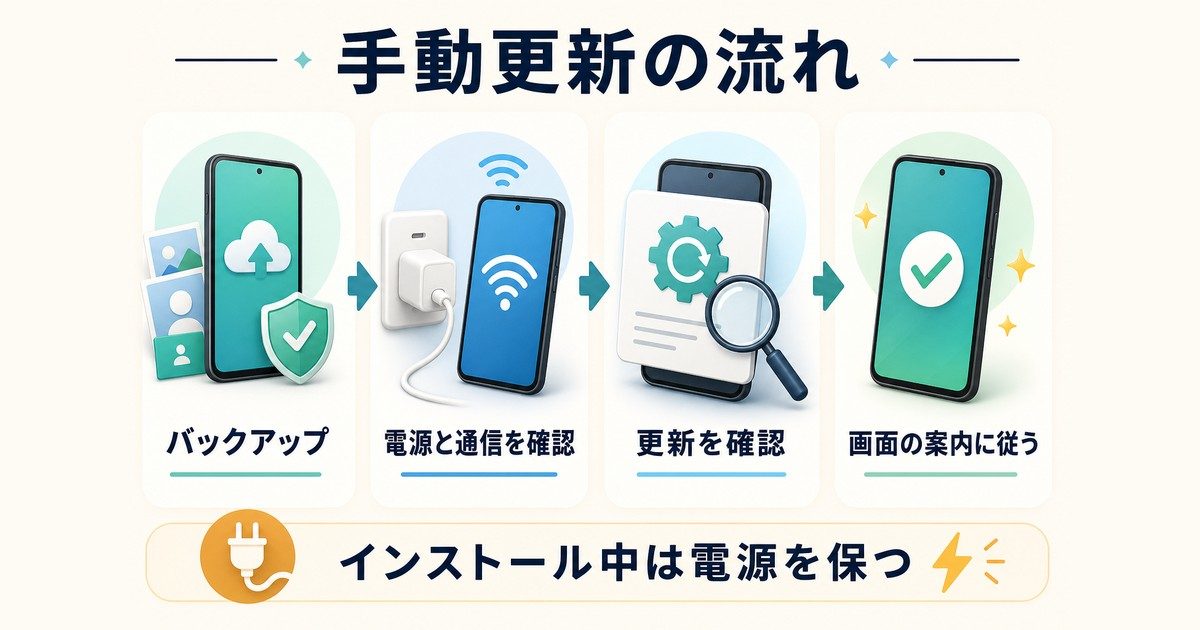 バックアップ電源通信を準備して手動更新する流れの図解