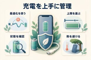 充電の最適化と充電上限と熱対策とバッテリー状態確認をまとめた図解