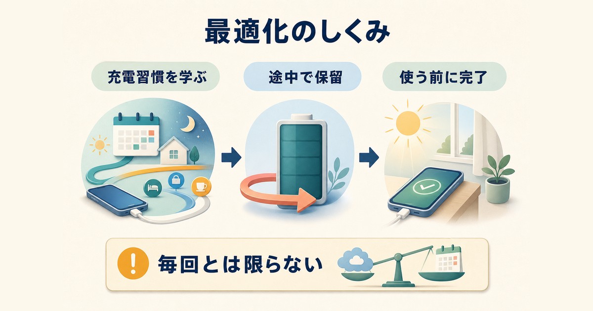 充電習慣を学習して途中で充電を保留し使用前に完了する最適化の仕組みの図解