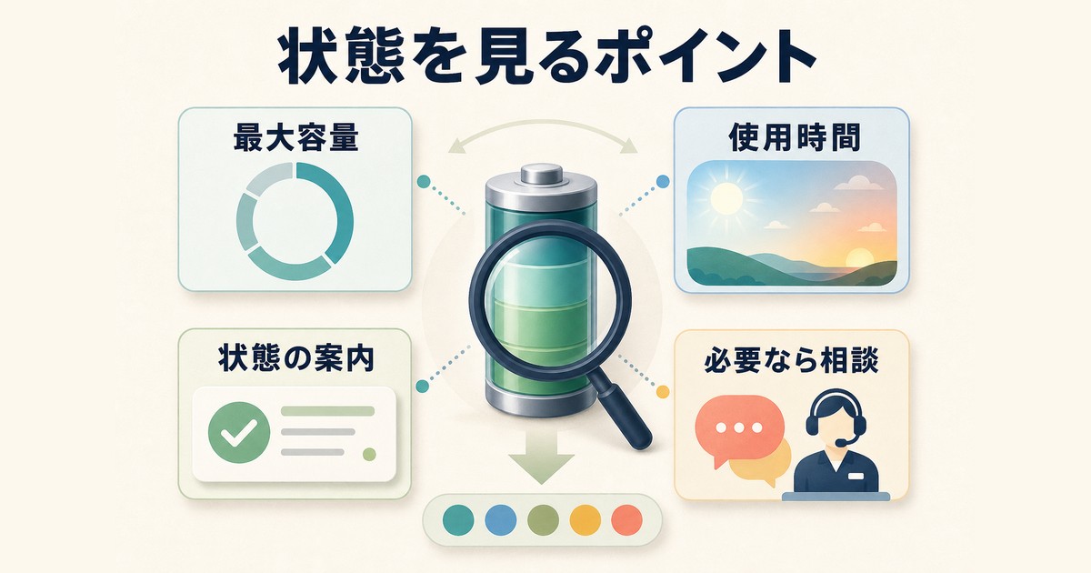 バッテリーの最大容量使用時間状態案内と修理相談を確認する図解