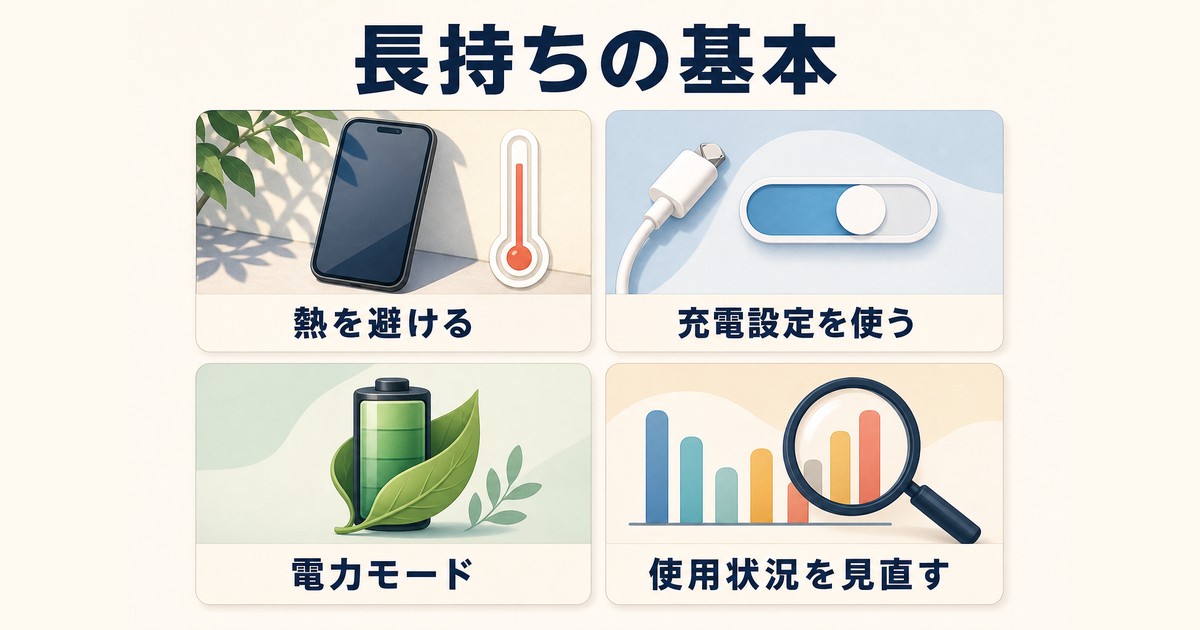 熱を避け充電設定と電力モードを使い使用状況を見直すバッテリー管理の図解