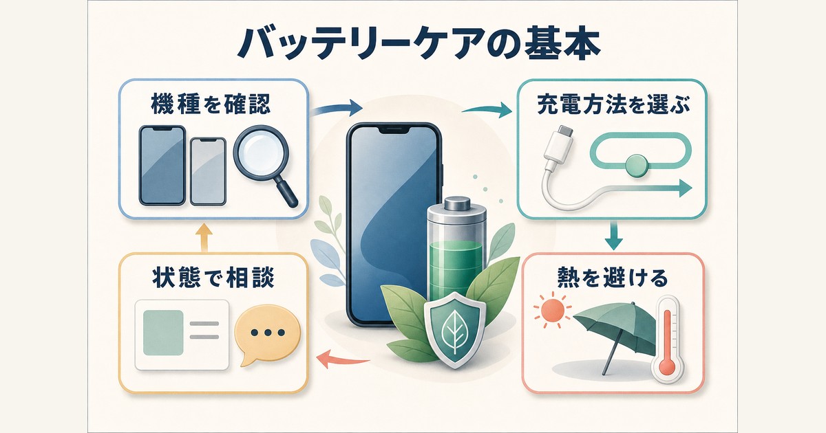 機種確認充電方法熱対策状態確認というバッテリーケアの基本をまとめた図解