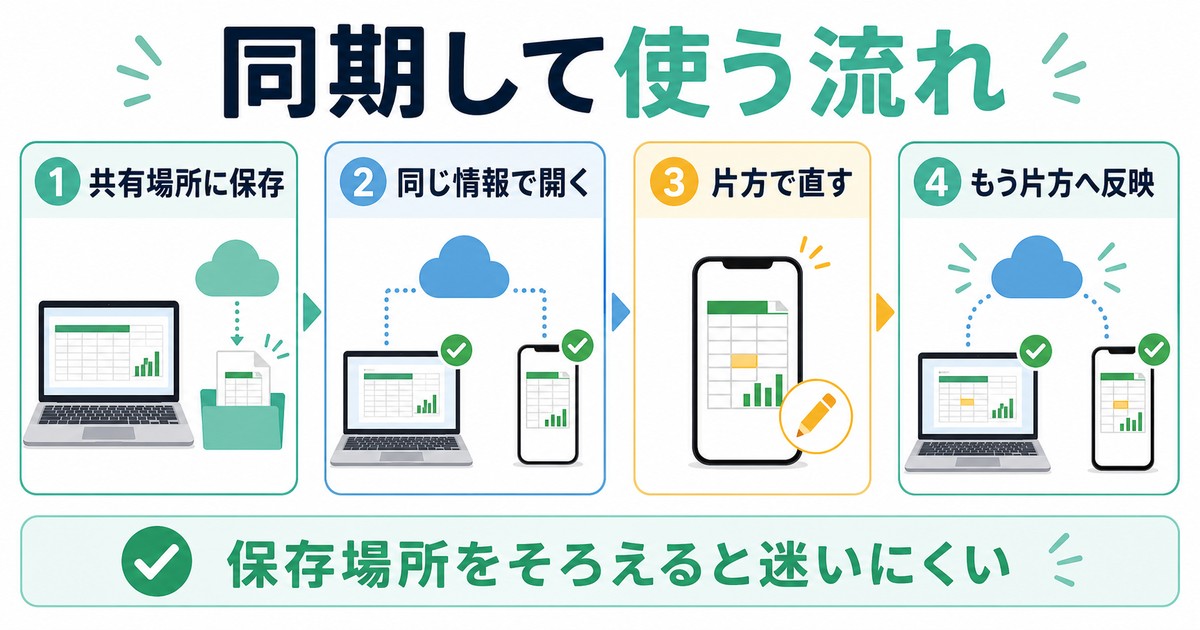パソコンとスマホで表を同期して使う流れの図解