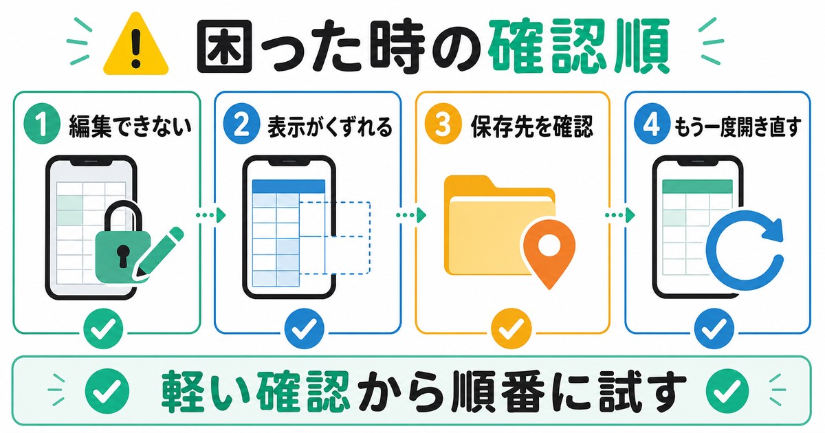 編集できない時や表示がくずれる時の確認順をまとめた図解
