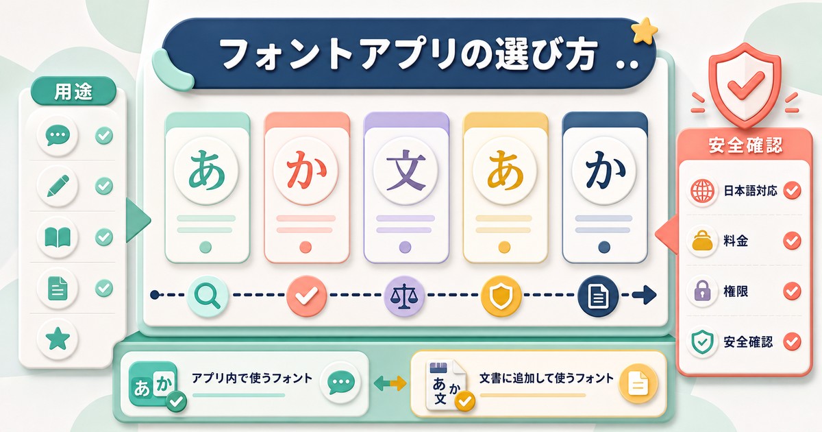 フォントアプリを用途と日本語対応と料金と権限で選ぶ図解