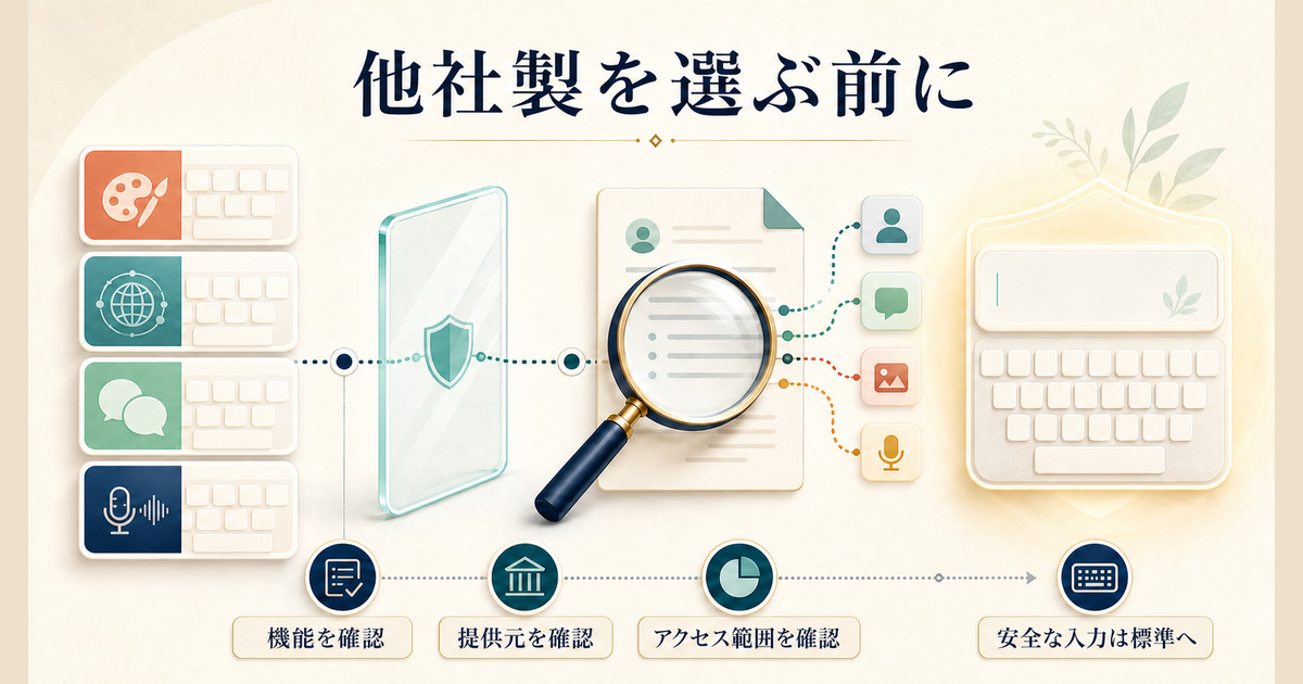 他社製キーボードを追加する前に機能、提供元、アクセス範囲を確認し、安全な入力欄では標準キーボードを使う考え方