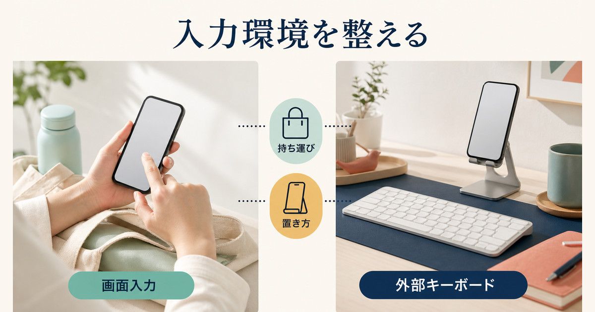 画面入力と外部キーボードを用途、持ち運びやすさ、端末の置き方で比較して入力環境を整えるポイント