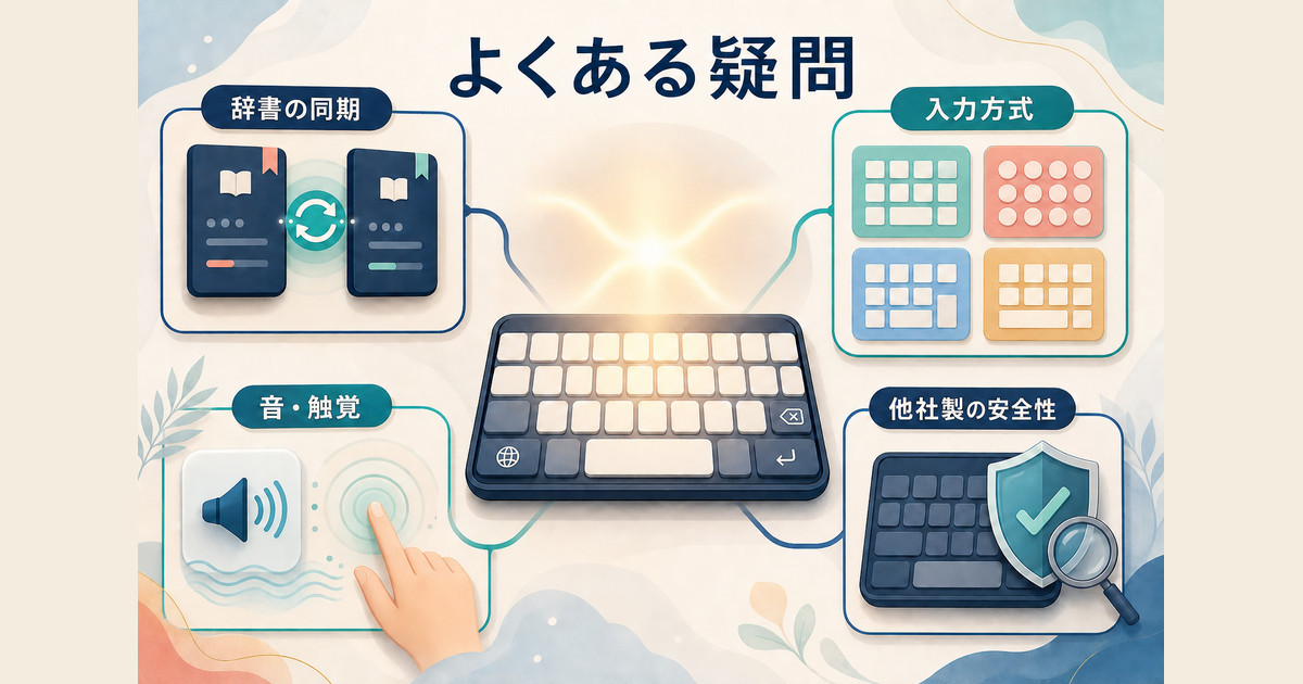 辞書の同期、入力方式、音と触覚、他社製キーボードの安全性というiPhoneキーボードの主な疑問