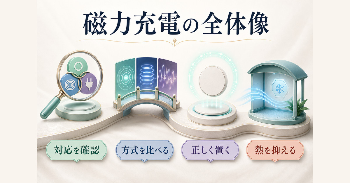 磁力充電の対応確認、方式比較、正しい設置、速度低下の切り分け、発熱対策という記事全体の流れ