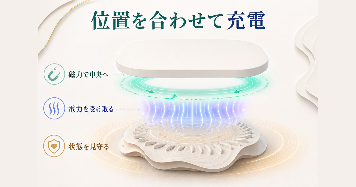 磁力で受電位置を中央へ合わせ、対応する充電器と電源からワイヤレスで電力を受け取る仕組み