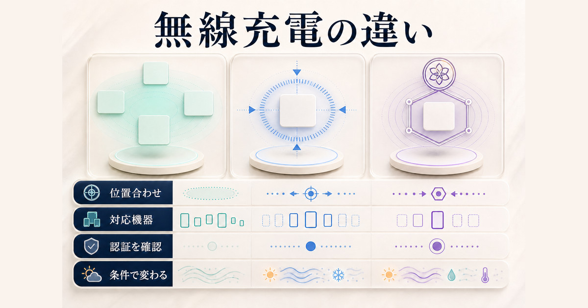 無線充電方式を位置合わせ、対応機器、認証、電源条件という確認軸で比較する図