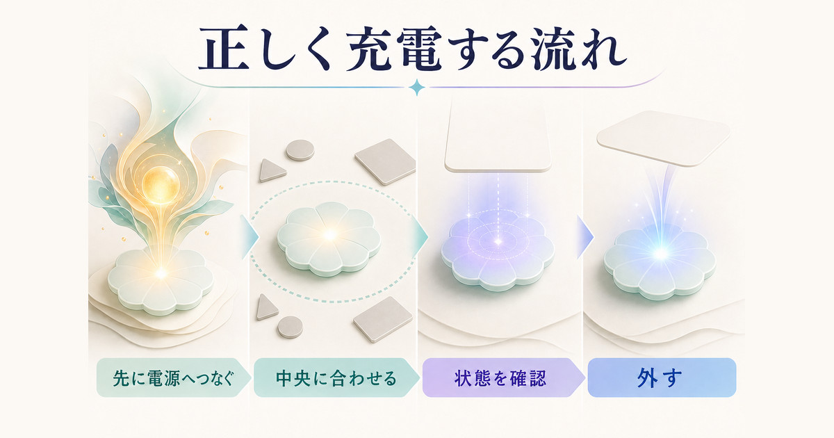充電器を先に電源へつなぎ、平らな場所で中央に合わせ、充電状態を確認する手順