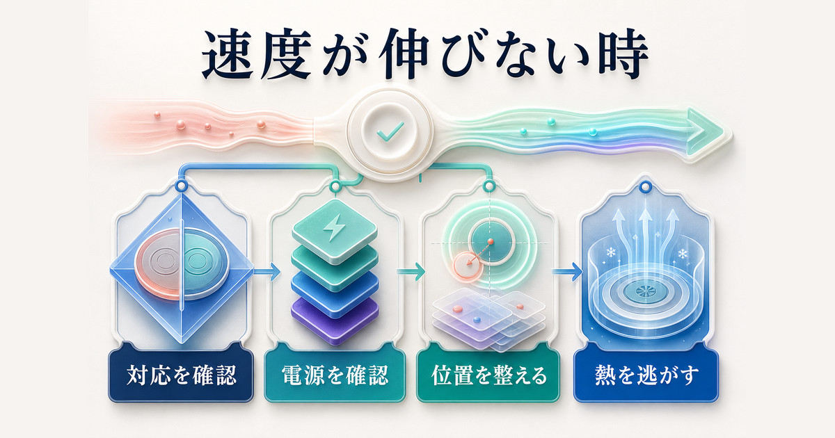 充電が遅いときに対応機種、充電器と電源、置き位置、挟み物、温度を順に切り分ける図