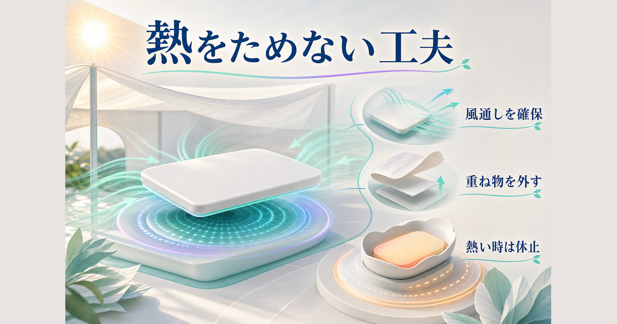 直射日光と重ね物を避け、風通しを確保し、熱いときは充電を休ませる発熱対策