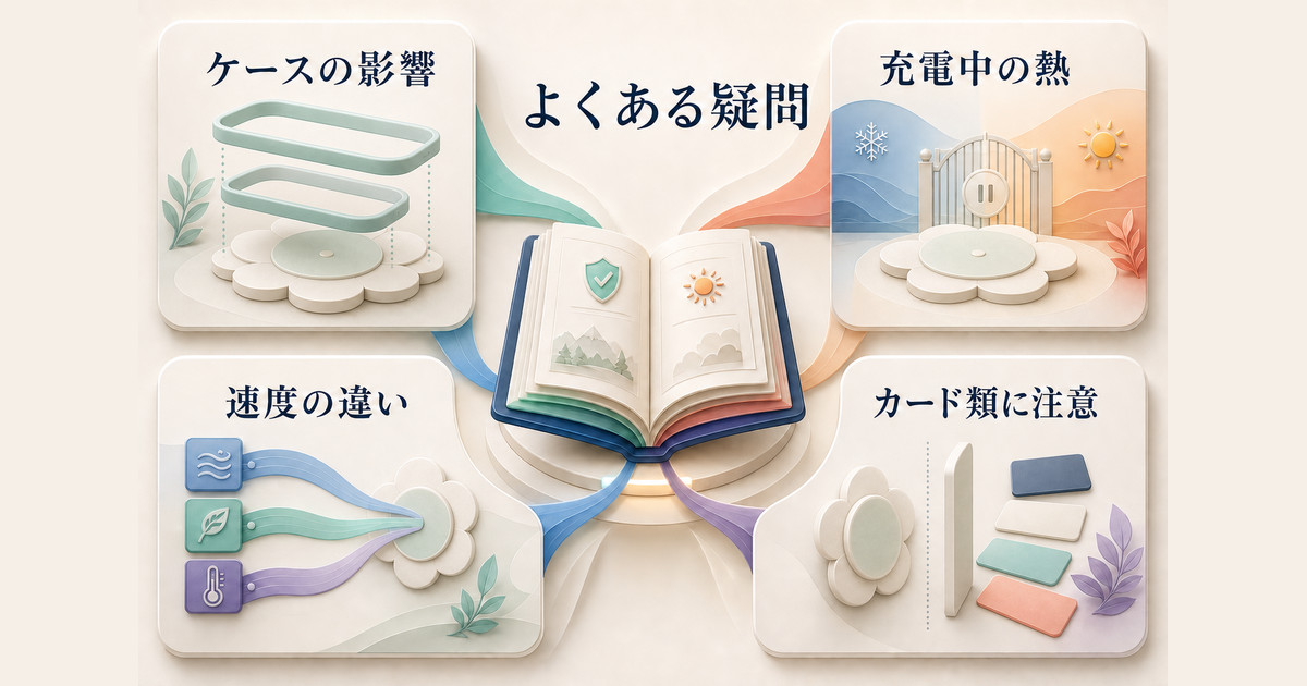 ケース、発熱、充電速度、外出先での利用、カード類という磁力充電の主な疑問