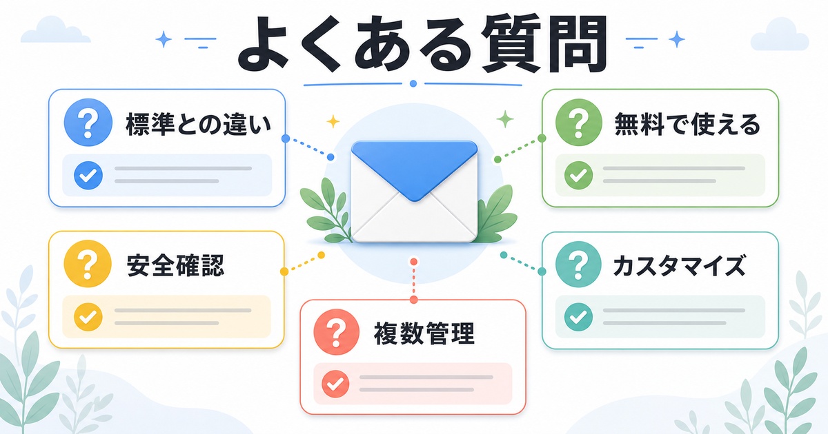 標準との違い、無料利用、安全確認、複数管理、カスタマイズの疑問をまとめたImage2図解