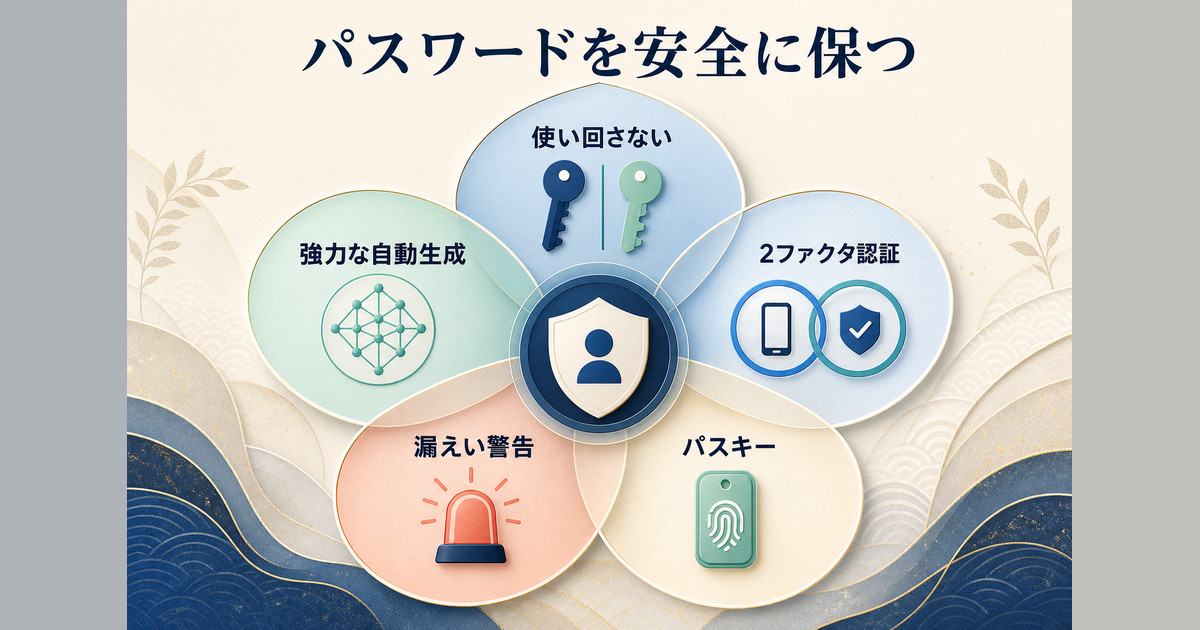 使い回し回避・自動生成・2ファクタ認証・漏えい警告・パスキーの多層防御