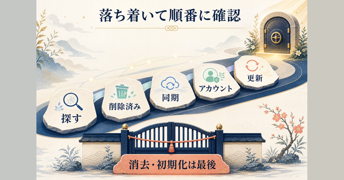 パスワードを探す・削除済み・同期・アカウント・更新の順に確認するまとめ