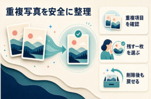 iPhoneの重複写真を確認し、残す一枚を選んで安全に整理する記事の要点