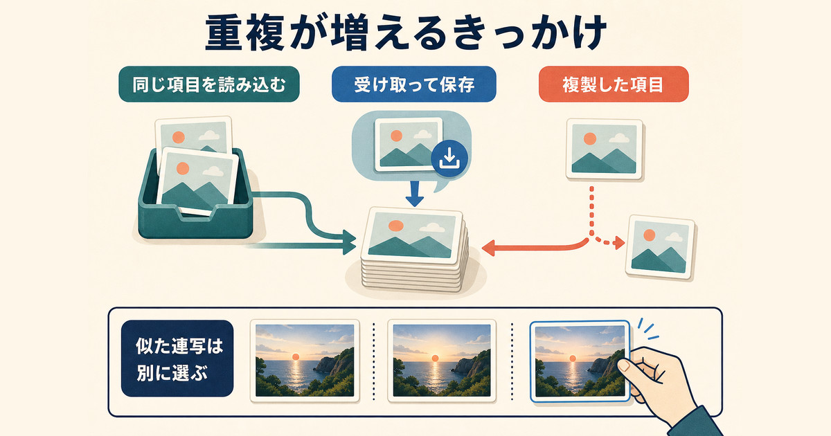 同じ写真の読み込み、再保存、複製など重複写真が増える主なきっかけ