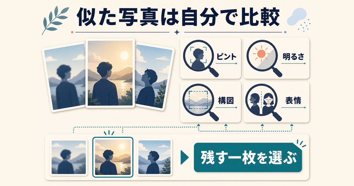 似た写真をピント、明るさ、構図、表情で比較し残す一枚を選ぶ基準