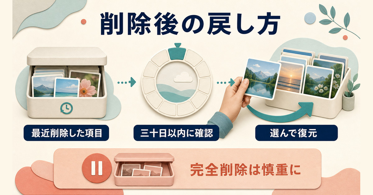 最近削除した項目を開き、三十日以内に写真を選んで復元する流れ