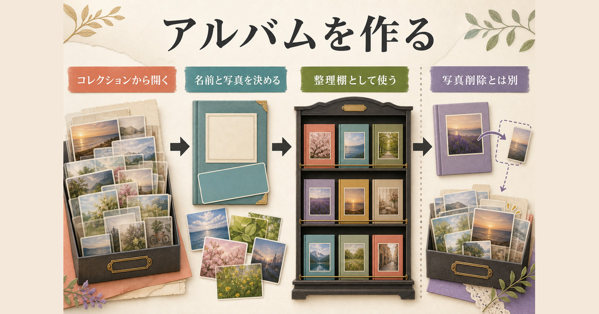 コレクションからアルバムを作成し、写真を追加し、アルバムから外す操作と写真削除を分ける図