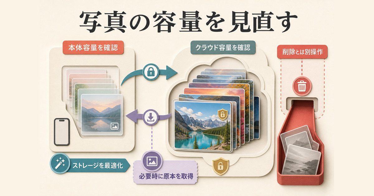 端末容量とクラウド容量を別々に確認し、ストレージ最適化と原本取得の関係を示す図