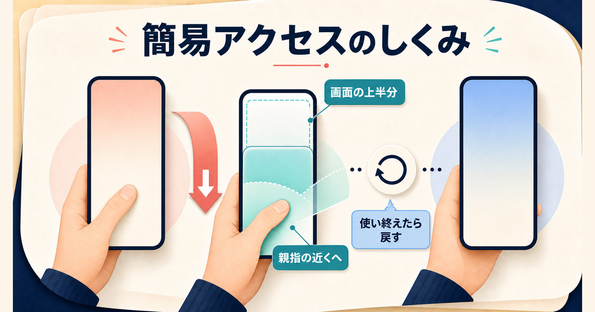 簡易アクセスで画面の上半分を親指の近くへ移し、使い終えたら元へ戻す仕組み