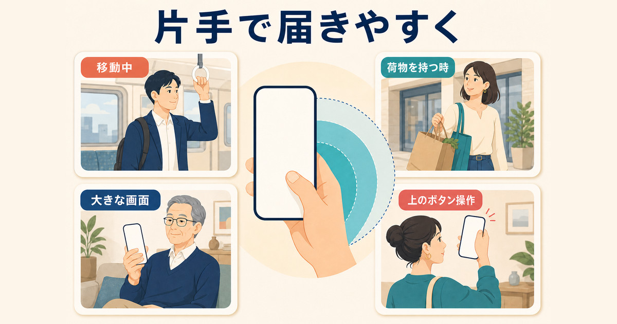 移動中や荷物を持つ時、大きな画面や上部ボタンの操作で簡易アクセスが役立つ場面