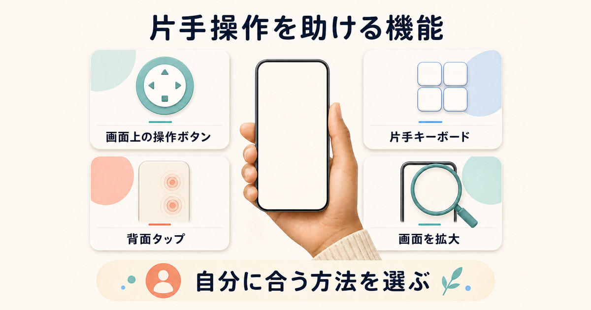 画面上の操作ボタン、片手キーボード、背面タップ、画面拡大から自分に合う支援を選ぶ図