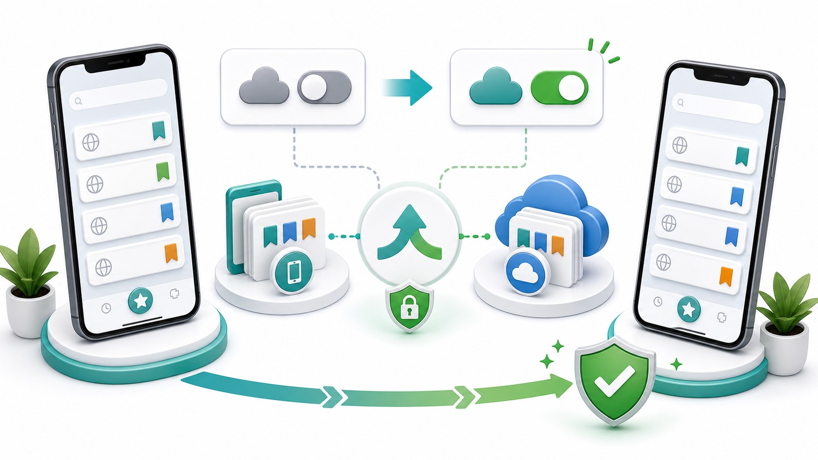iCloud Safariの同期をオンにしてiPhone内のブックマークとクラウド上のブックマークを結合する図解