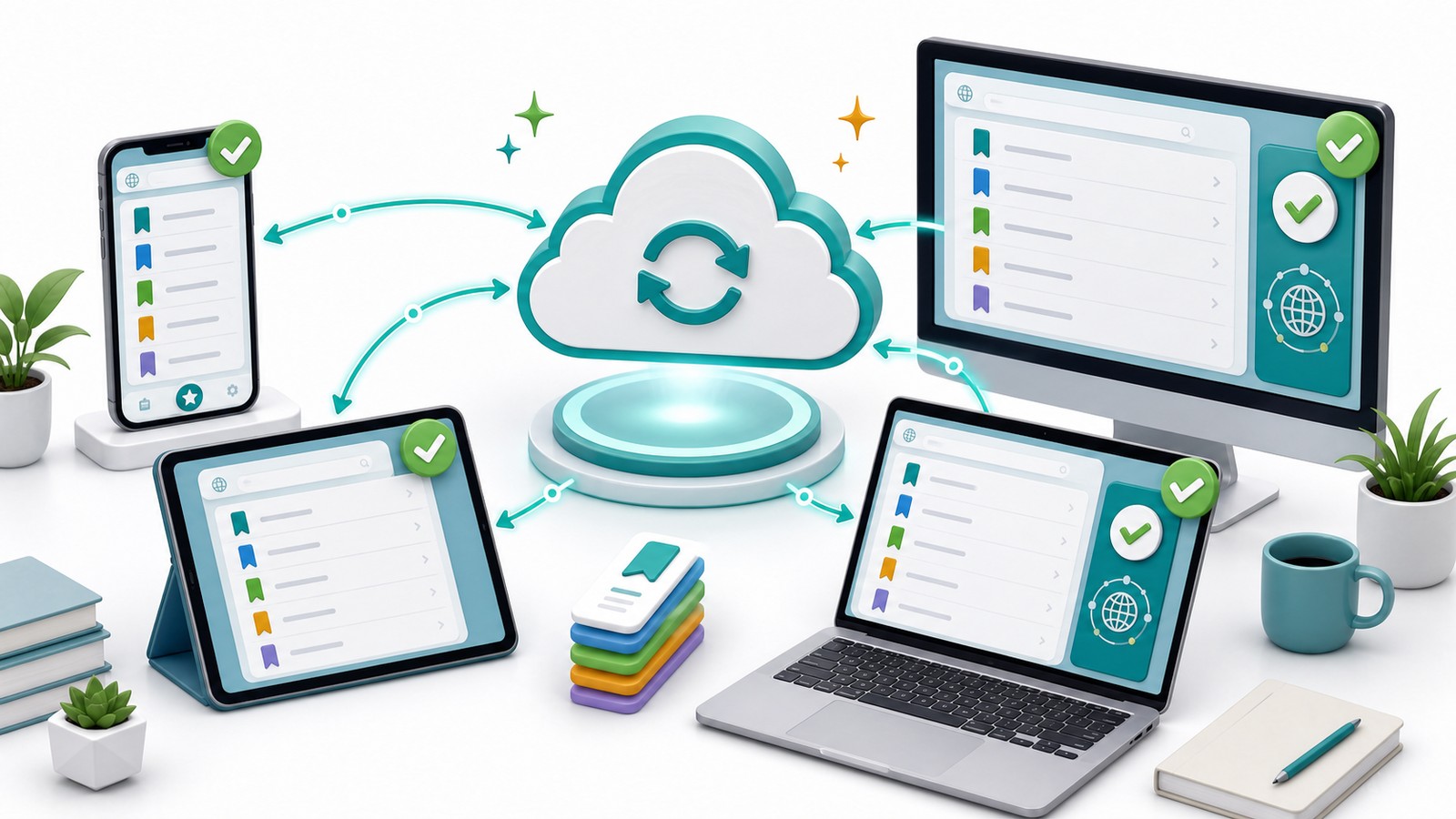 iPhone iPad Macなど複数デバイスで同じAppleアカウントとiCloud Safari同期を使いブックマークを共有する図解