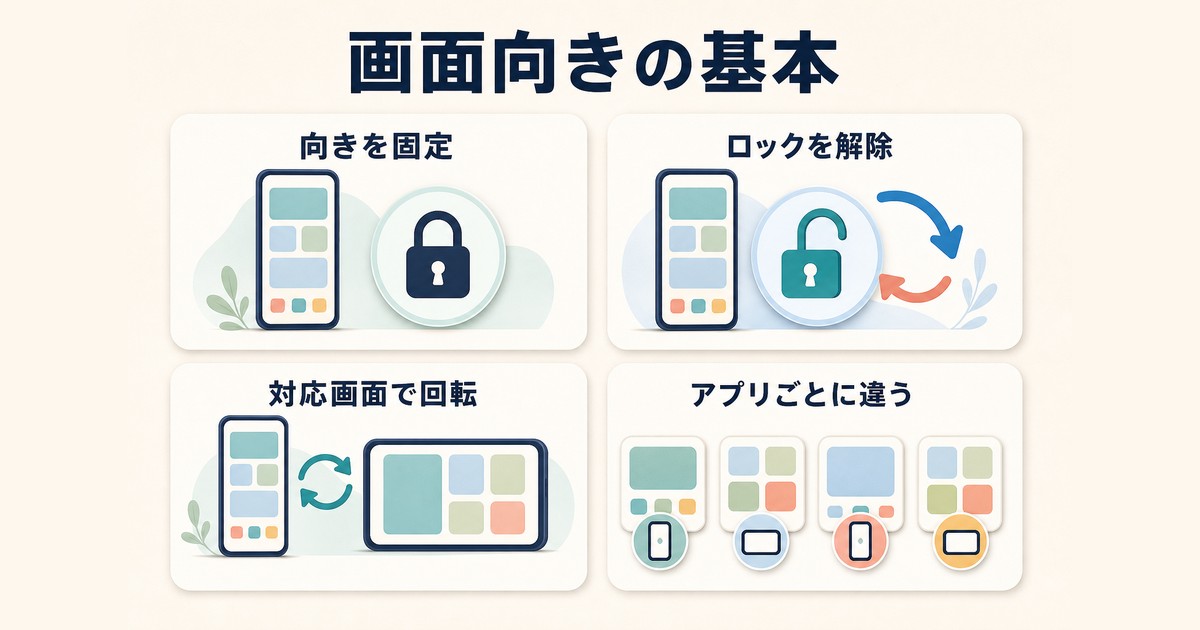 画面の向きの固定解除とアプリの回転対応を示す図解