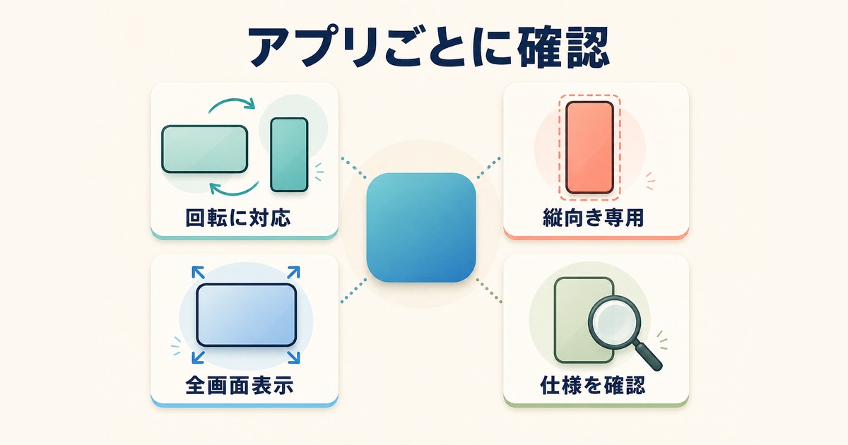 回転対応縦向き専用全画面表示などアプリごとの違いを示す図解