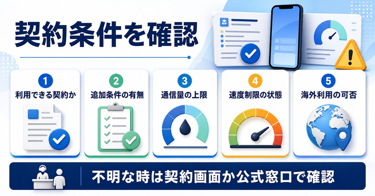 テザリングが使える契約条件を確認するポイントをまとめた図解