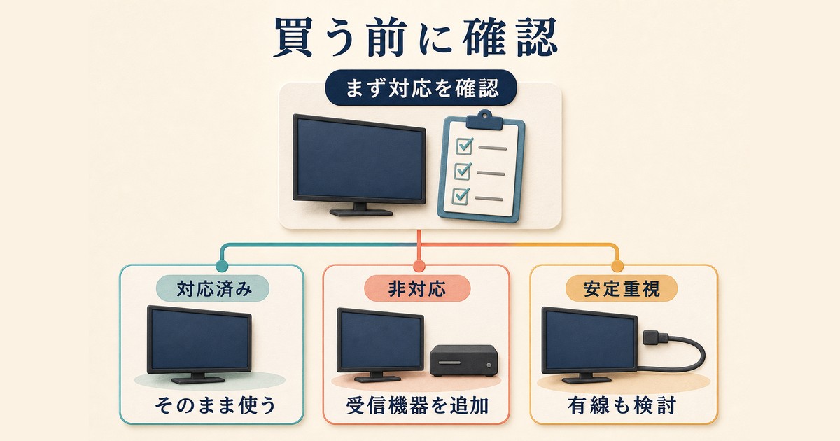 テレビのAirPlay対応確認後に追加機器や有線接続の必要性を判断する図解