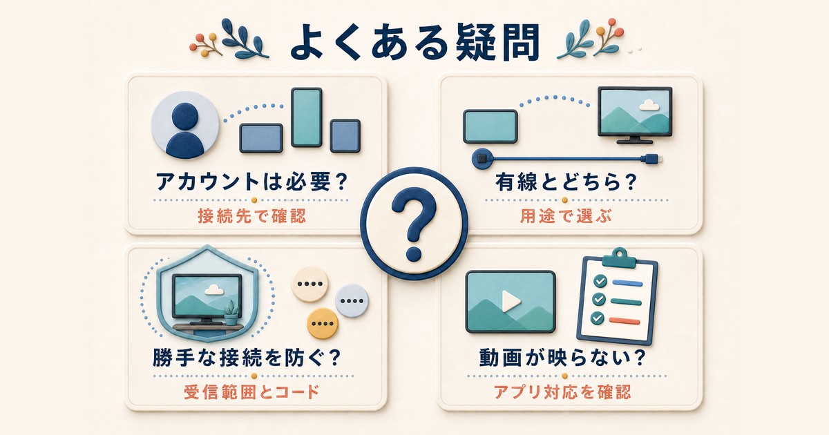 AirPlayのアカウント有線接続受信範囲コード動画対応に関するよくある疑問の図解