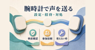 腕時計のトランシーバー機能について事前条件、参加依頼、基本操作、利用できない時の確認をまとめた図