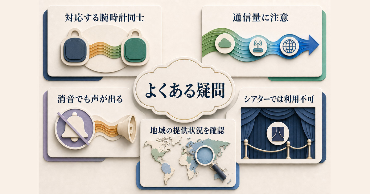 対応する腕時計、通信量、消音とシアターモード、地域の提供状況に関する主な疑問