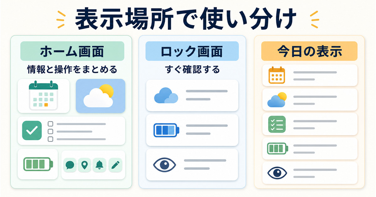 ホーム画面、ロック画面、今日の表示を情報量と確認速度で使い分ける図