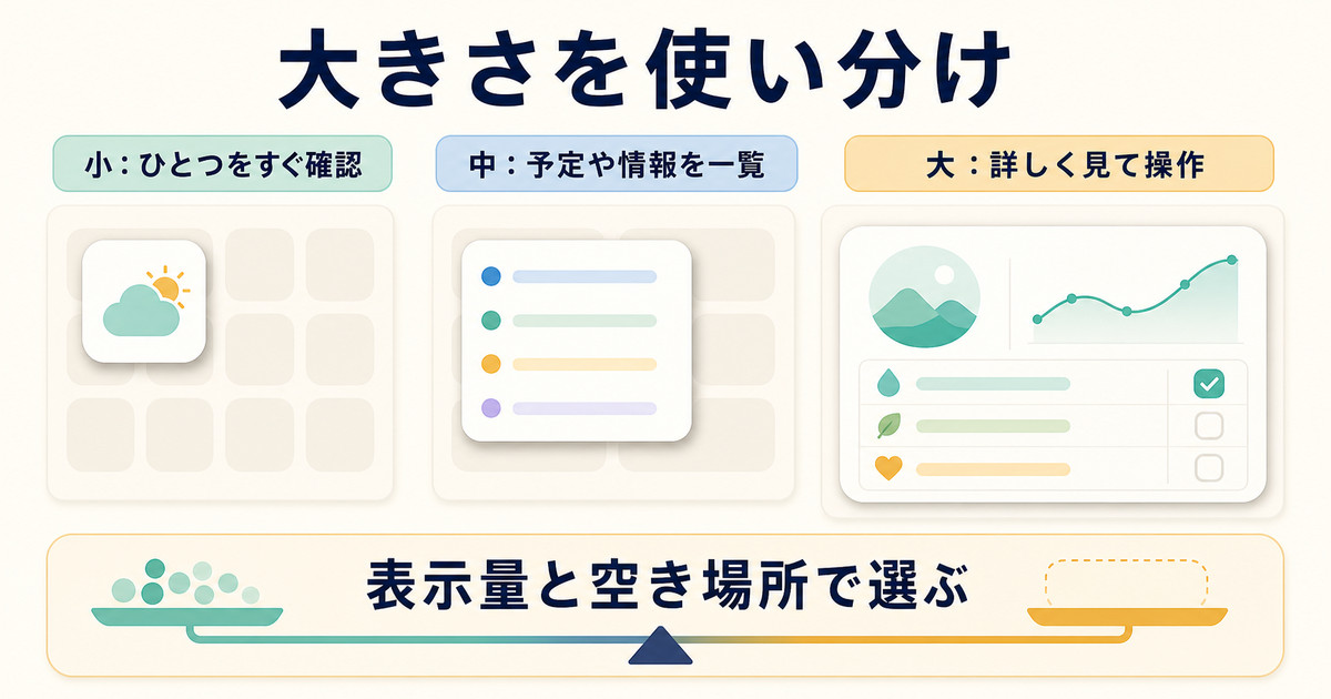 小は一つの確認、中は一覧、大は詳しい表示と操作に使い分ける図
