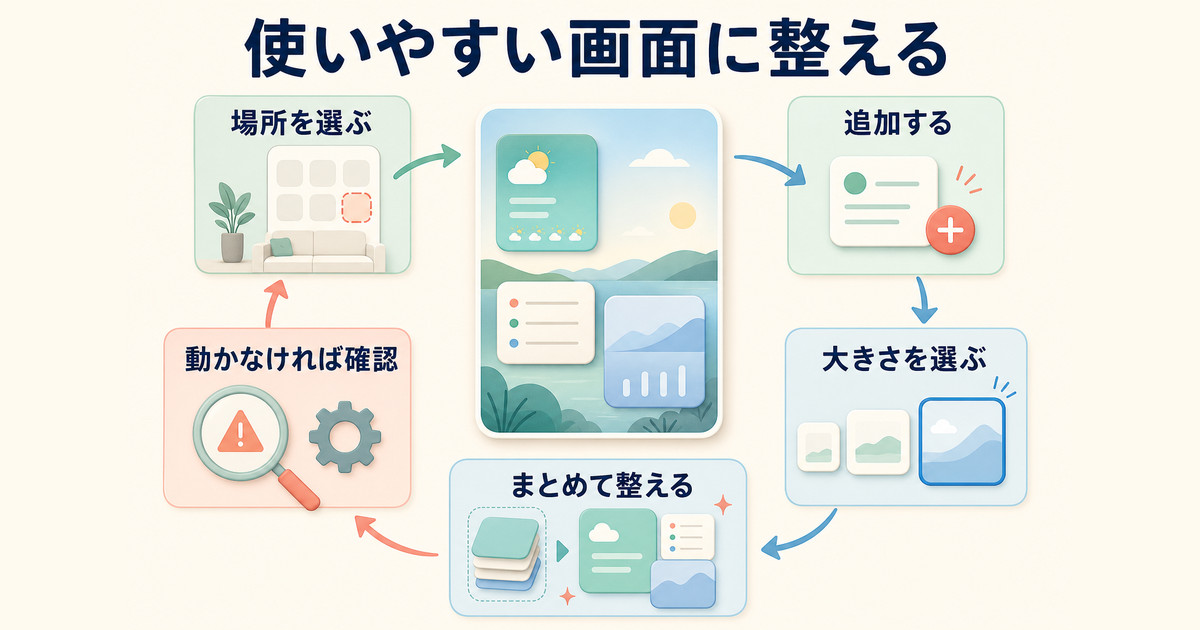 場所、追加、大きさ、スタック、不具合確認の順に使いやすい画面へ整えるまとめ図